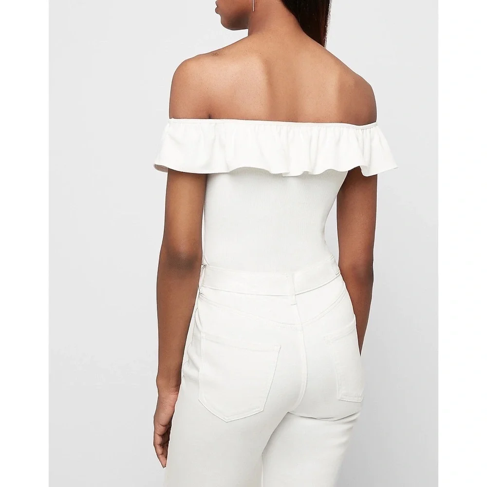 Express Ribbed Ruffle Off The Shoulder Bodysuit - Picture 3 of 3